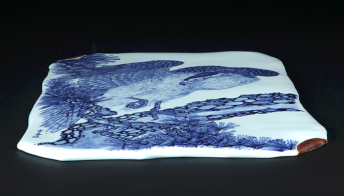 北村宗善染付山水図長方陶板