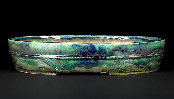 福茂緑釉胴紐楕円鉢