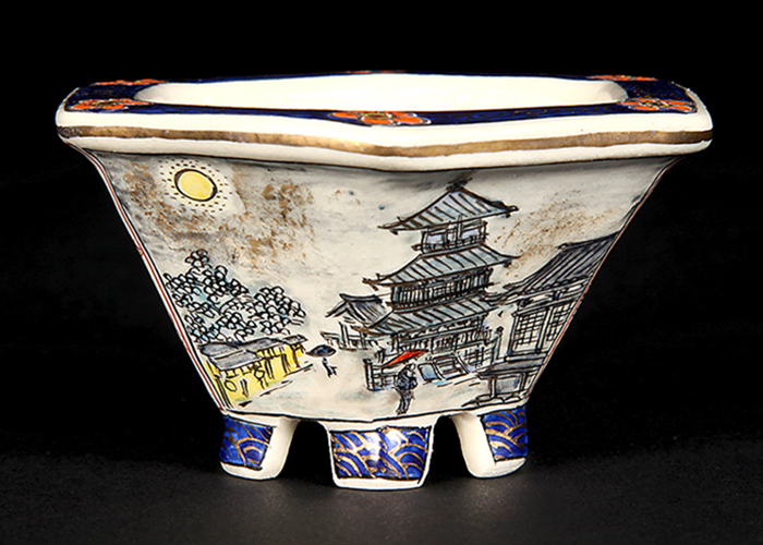 柳戸川浩山風景花鳥図六角鉢