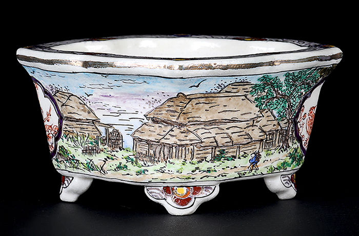 柳戸川浩山風景図剣木瓜式鉢