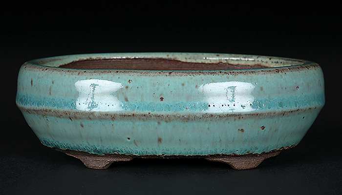 一陽緑釉胴紐楕円鉢