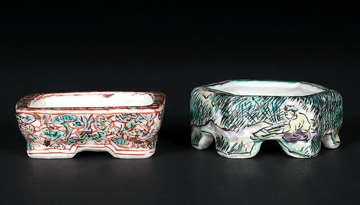 清風絵付長方・六角鉢二枚組